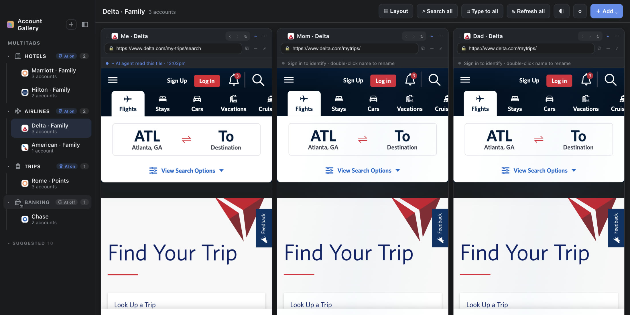 A real Account Gallery capture, dark mode: three Delta accounts open side by side.