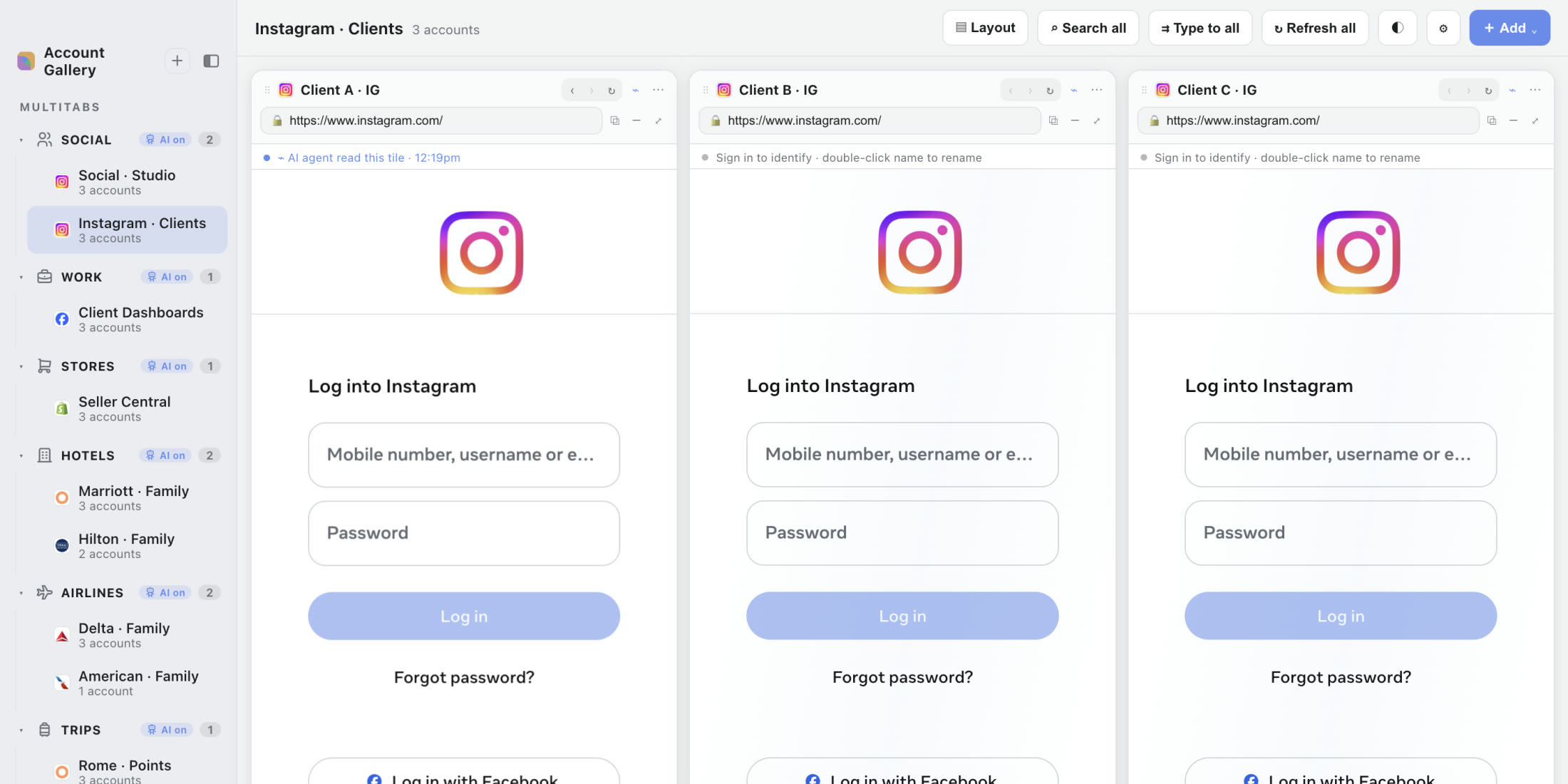 A real Account Gallery capture: three separate client Instagram accounts open side by side, each its own signed-in tile.