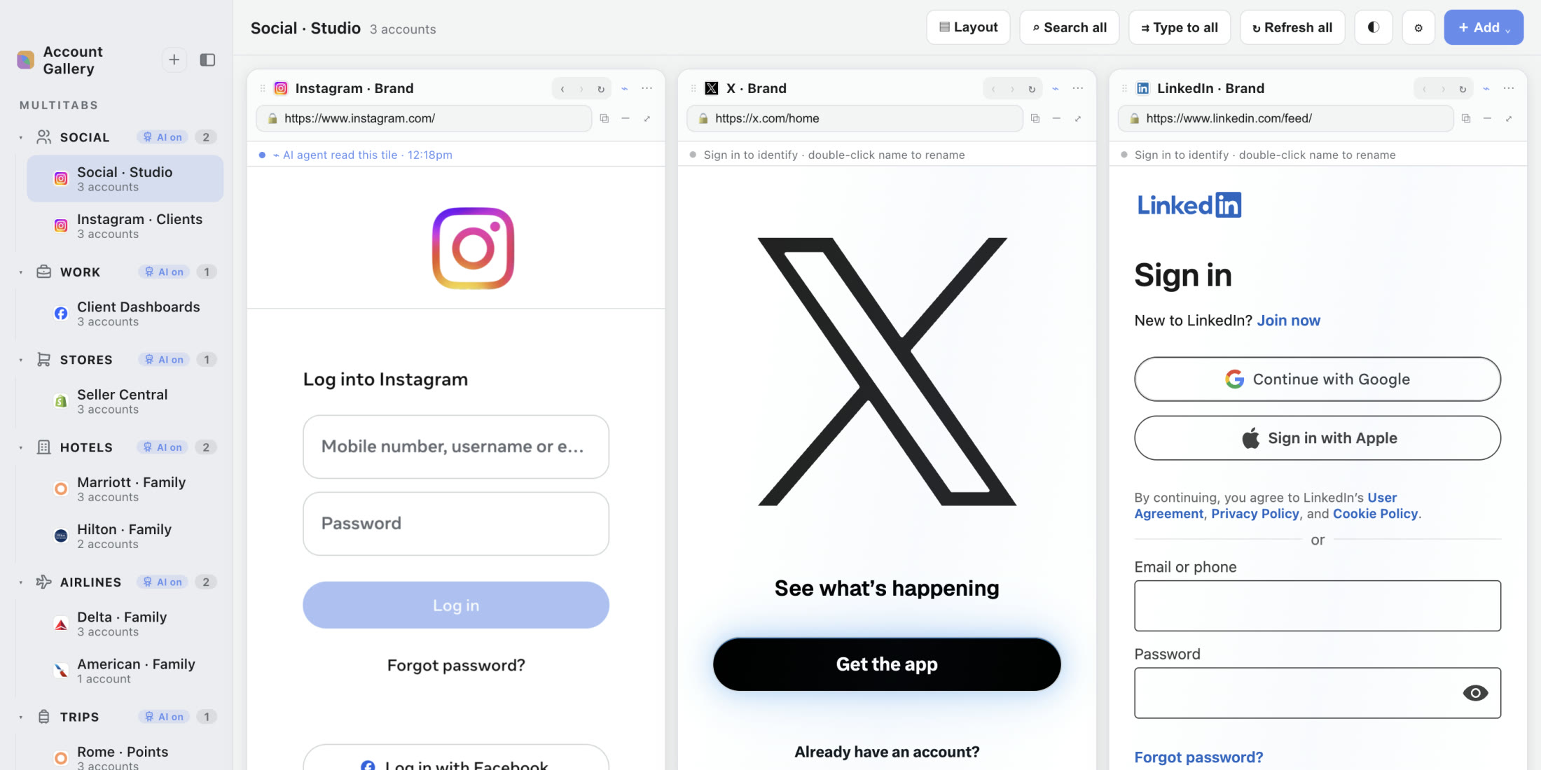 A real Account Gallery capture: Instagram, X, and LinkedIn open side by side, each signed in.