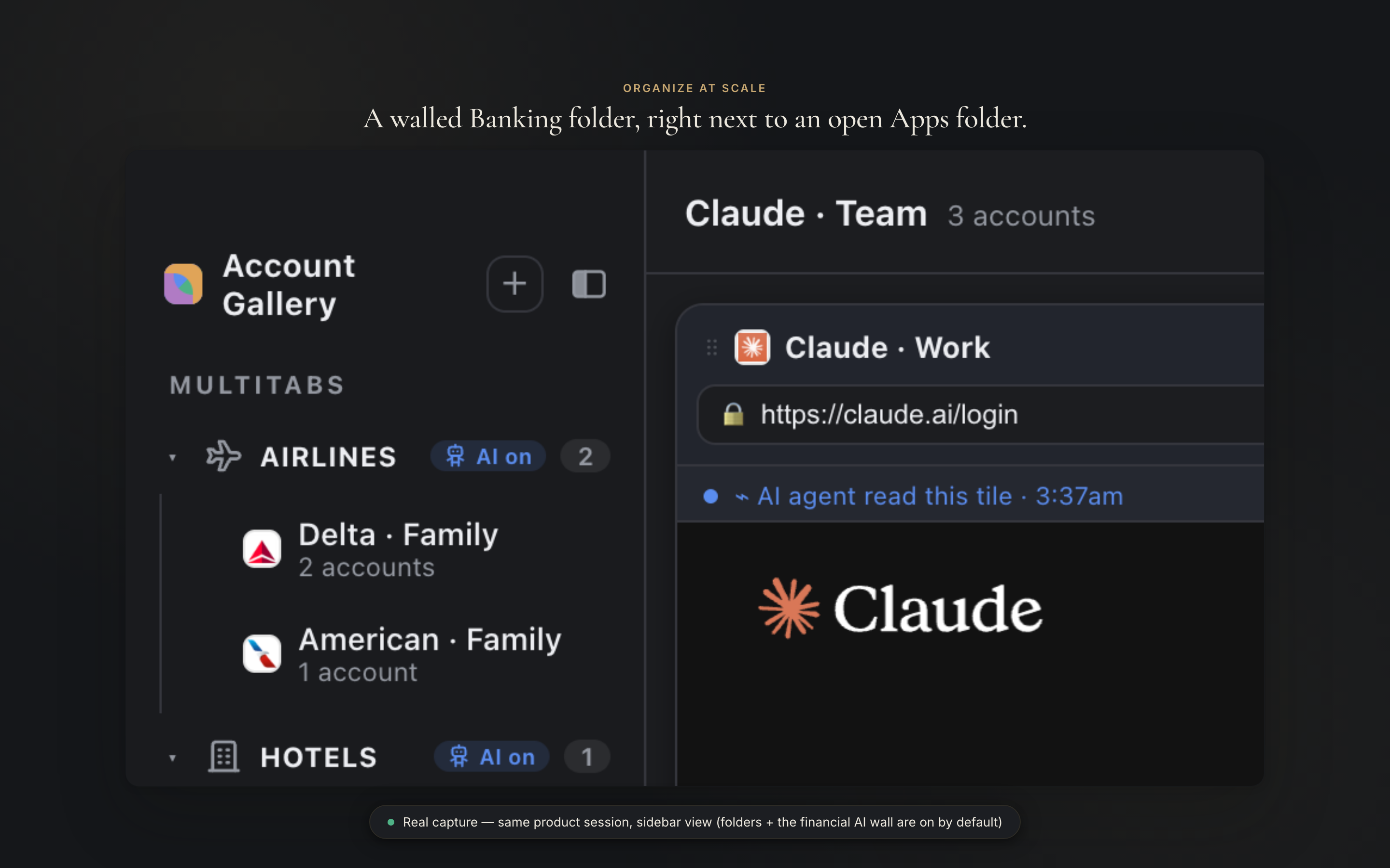 Real capture of the folder sidebar, dark mode: a walled Banking folder next to open Airlines, Hotels, and Apps folders, with AI turned off for Banking.