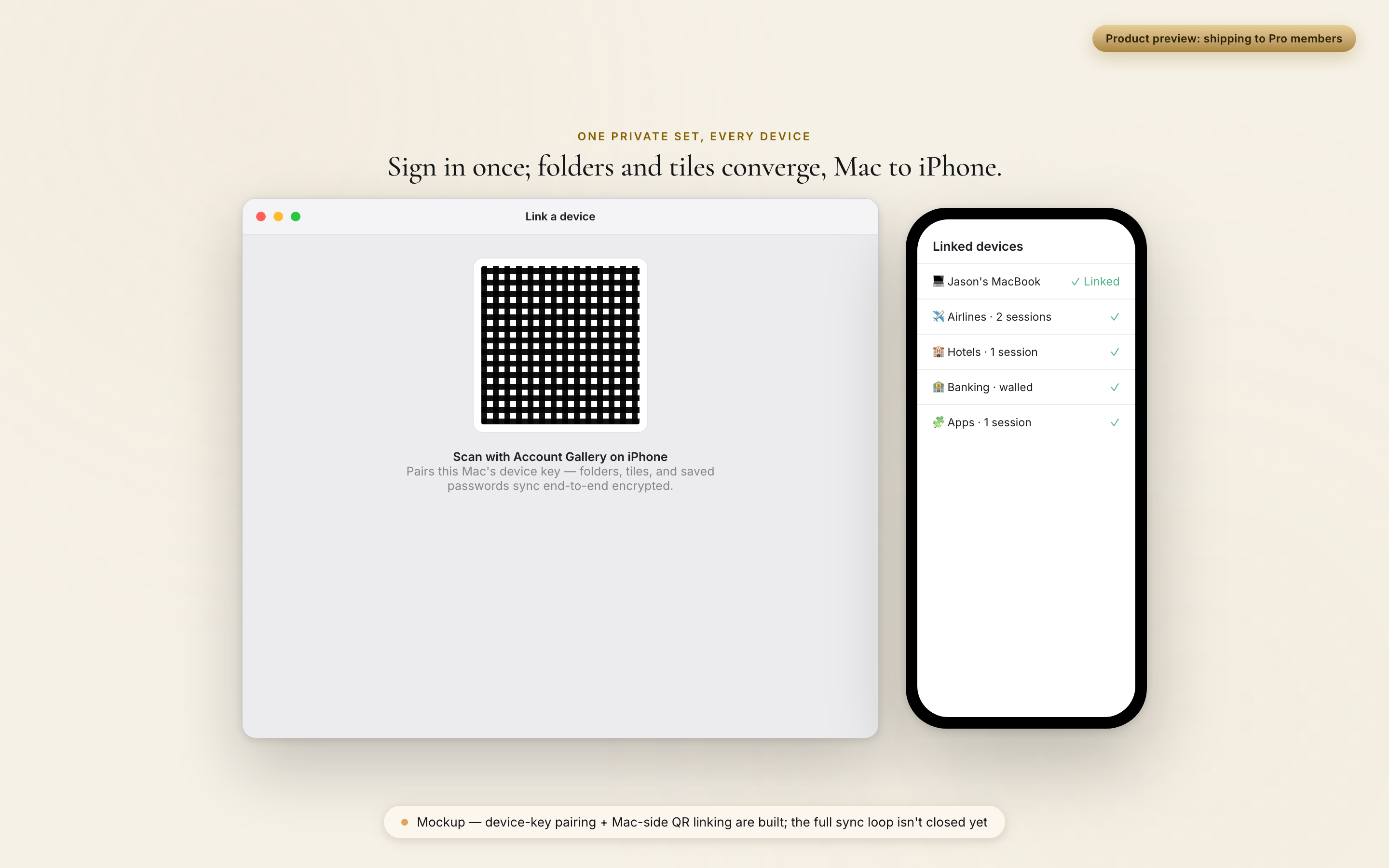 Product preview of cross-device sync: a Mac QR-pairing screen next to an iPhone showing linked devices and session counts.